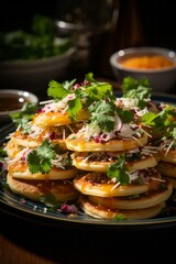 Fototapeta premium Platter of sopes, small corn cakes topped with savory ingredients, Generative AI