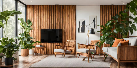 Fototapeta na wymiar Lounge chair near wood paneling wall between potted houseplants. modern living room.