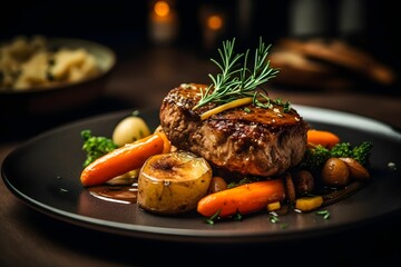 AI generated illustration of freshly cooked meat with vegetables on a plate with a blurry background