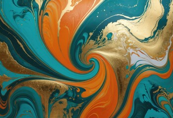 canvas where teal and orange paint have been swirled together on a luxurious marbling background, with gold powder adding a touch of sparkle.