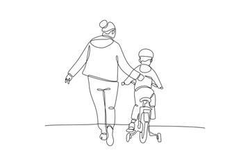 Continuous one line drawing Happy Parents with her child riding bike together. Outdoor leisure activities concept. Doodle vector illustration.