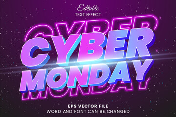 Cyber monday purple neon glow editable vector text effect. Cyber monday promotion text style