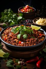 Bowl of spicy chili with all the fixings, perfect for a chilly day, Generative AI