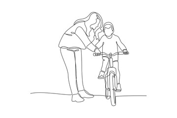 Continuous one line drawing Happy Parents with her child riding bike together. Outdoor leisure activities concept. Doodle vector illustration.