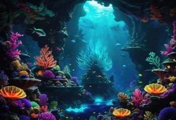 Naklejka na ściany i meble A deep-sea scene, with neon fractal creatures illuminating the dark depths