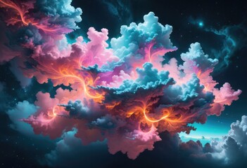 Fototapeta na wymiar A dreamy and surreal image of neon fractals that form cloud-like shapes, creating a sense of floating or drifting in space.