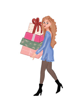 Mujer caminando con regalos de navidad