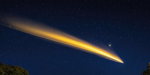 A golden comet streaking across a dark blue sky