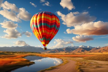 Obraz premium Colorful hot air balloon taking off at a summer balloon festival, Generative AI