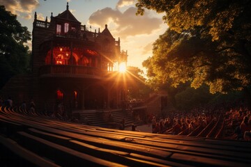 Stunning sunset over an open-air theater hosting a summer Shakespeare festival, Generative AI