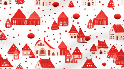 Red polka dot fabric with a red city and tree for christmas on white background