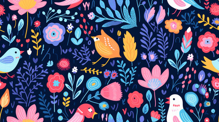 Abstract dreamy garden plant with colorful flowers and charming bird seamless dark background