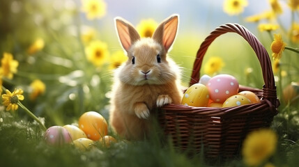 Fototapeta na wymiar Little cute easter bunny in yellow daisy flower garden with basket of eggs