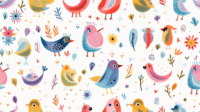 Whimsical bird dudle art in the style of children seamless on white background