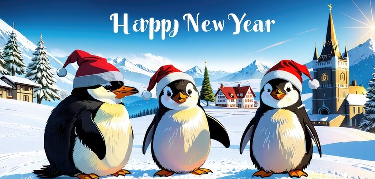 A penguin family wearing hats and scarves on a snowy hill. They are holding a banner that says ‘Happy New Year 2024’