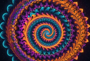 A psychedelic swirl of neon fractals that create a hypnotic spiral in the center of the space