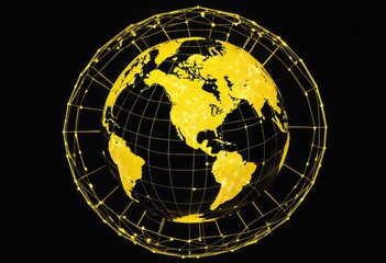 A radiant globe with cities connected by a yellow web of networks, floating in the black void of space