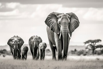 Elephants in the savannah. A herd of elephants in a National Nature Reserve - obrazy, fototapety, plakaty