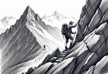 Fotobehang A sketchy pencil drawing of a hiker helping friend reach the mountain top, rough lines, shading and highlights. © Sohel