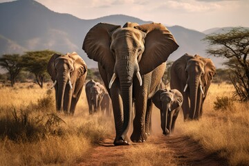Elephants in the savannah. A herd of elephants in a National Nature Reserve - Powered by Adobe