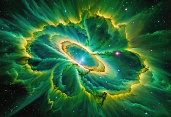  A supernova background wallpaper with a green and yellow space galaxy cloud nebula. The nebula is exploding and creating shock waves. A star is visible in the center of the nebula