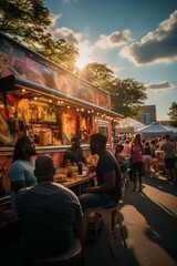 Obraz na płótnie Canvas Crowd gathered around a food truck at a multicultural summer food festival, Generative AI