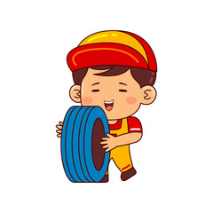 cute mechanic boy cartoon character vector illustration