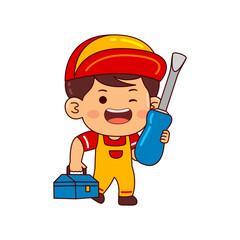cute mechanic boy cartoon character vector illustration