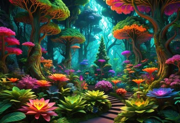 Obraz na płótnie Canvas A vibrant and lively scene of neon fractals that resemble a garden or forest in the space