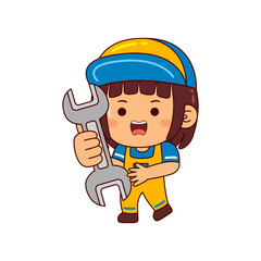 cute mechanic girl cartoon character vector illustration