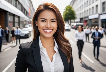 Obraz premium A young businesswoman with a beaming smile, standing confidently on a busy street