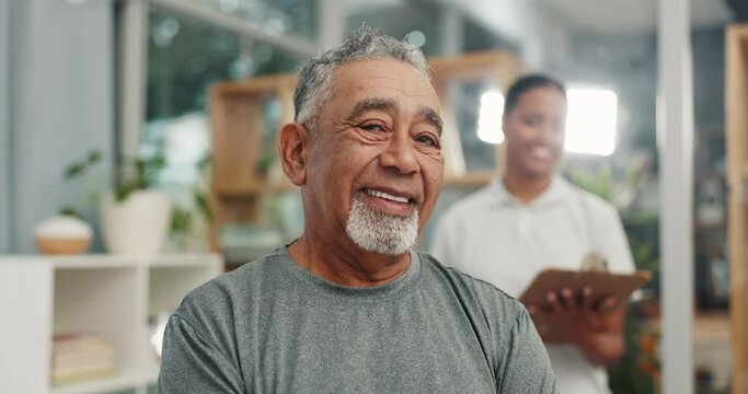 Senior man, face and smile for physiotherapy, results or rehabilitation in consultation office. Portrait, smile and satisfied old guy patient satisfied with healing, recovery or chiropractic service