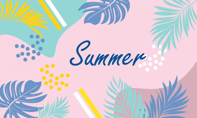 Fototapeta na wymiar vector illustration hello summer banner sunset beach background with palm leaves 