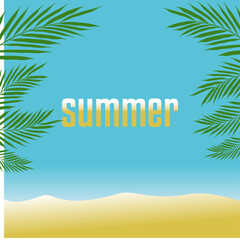 Fototapeta na wymiar vector illustration hello summer banner sunset beach background with palm leaves 