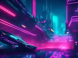 3d render, abstract futuristic neon background with glowing ascending lines. Fantastic wallpaper.  Generative AI.