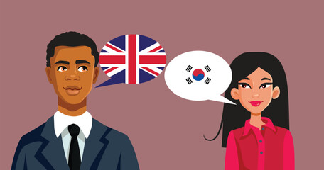 Woman Speaking Korean with a Man Speaking English Vector Illustration. People using different languages managing to communicate efficiently 
 - obrazy, fototapety, plakaty