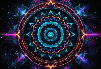 Neon fractals forming an intricate mandala against a backdrop of deep space
