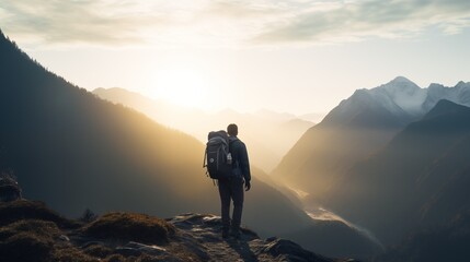 man hiking at sunrise in the mountains with backpack