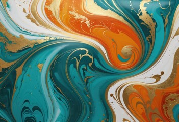  The elegance of teal and orange swirls on a marbling background, elevated by the shimmer of gold powder
