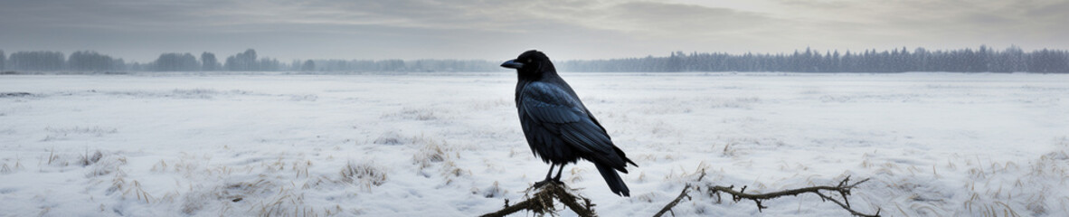 A Banner Photo of a Crow in a Winter Setting - obrazy, fototapety, plakaty