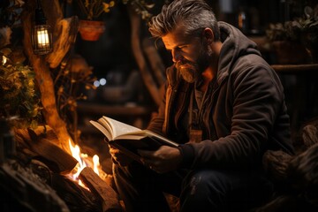 Fototapeta premium Person studying Forex trading books and resources in a cozy reading nook, Generative AI