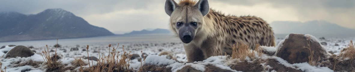 Foto op Canvas A Banner Photo of a Hyena in a Winter Setting © Nathan Hutchcraft