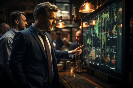 Group of financial analysts discussing Forex strategies in a modern office, Generative AI