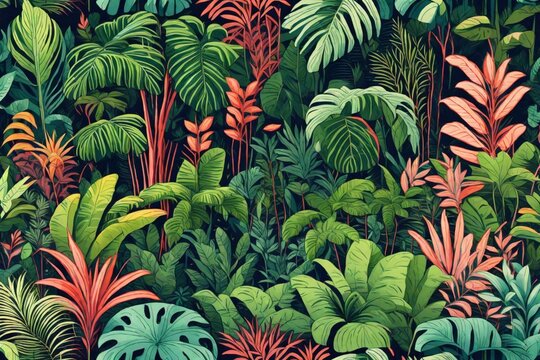 pattern with leaves,A lush jungle with exotic plants © Haider