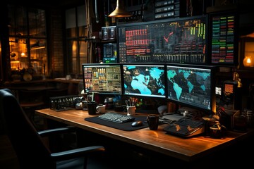 Trading desk with multiple computer monitors showing various Forex charts, Generative AI