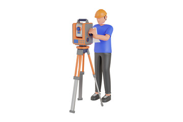 3d illustration of surveyor worker with theodolite. Engineer with surveyor equipment. Civil engineer land survey with tacheometer or theodolite equipment