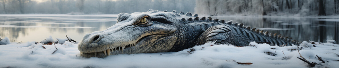 Fototapeta premium A Banner Photo of an Alligator in a Winter Setting