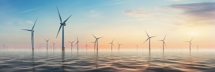 Foggy horizon with turbines in an open body of water