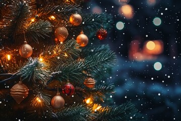 Fototapeta na wymiar Close-up of beautiful Christmas tree decoration with glittering bokeh light