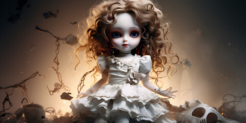 Haunted Toy, Spooky Doll, Ghostly Doll,A Spine-Chilling Doll with Hair and a Horror-Filled Background
